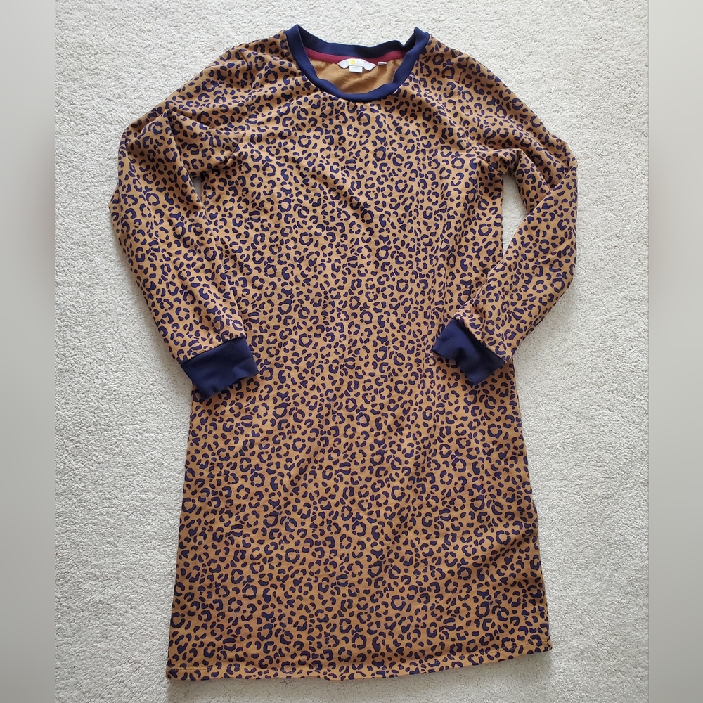 Boden Crewneck Camel/Navy Leopard Sweatshirt Dress sz4
